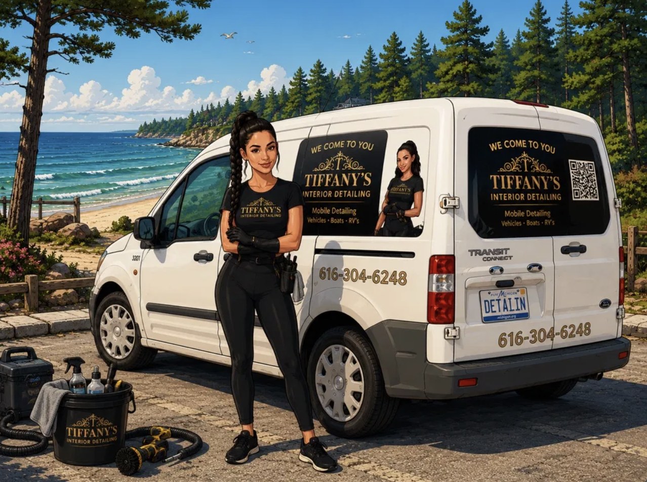 Illustration of Tiffany with her branded mobile detailing van — we come to you