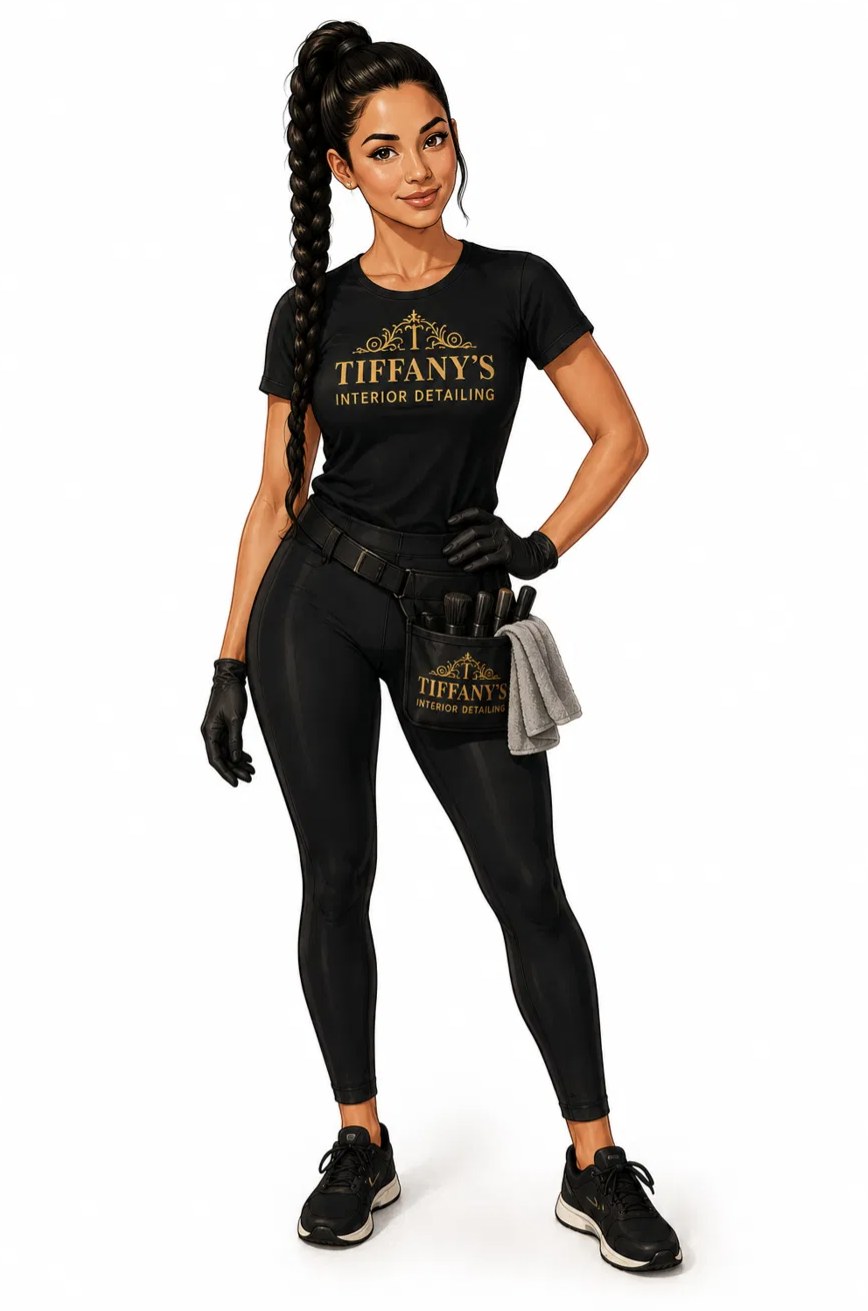 Illustration of Tiffany in her Tiffany's Interior Detailing uniform with her detailing tool belt